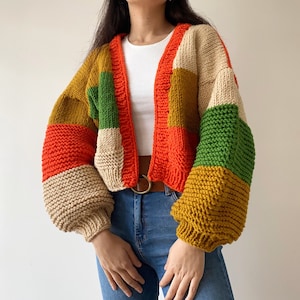 Handknit Chunky Patchwork Cardigan, Soft Women Sweater,Handmade Crop Knit Jacket,Valentines Gift kit for her,Autumn Fashion,Warm Outfits