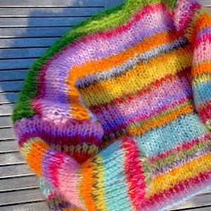 Hand-Knitted Mohair Blend Sweater: Colorful Striped Oversized Unisex Fit