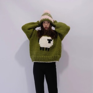 2025 Fashion Trends Cute Hand Knitted Hats Little Lamb Jacquard Long Sleeve Pullover Handmade Wool Green Sweater