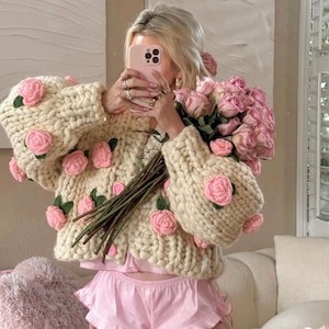 Leilayca Big Pink Roses Cardigan , Chunky Cropped Cardigan For Woman , Ecru Sweater With Pink flowers , valentine's day gifts,knit sweater