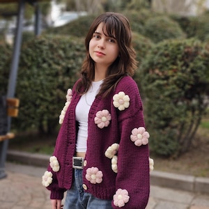 Hand-Knitted Floral Cardigan, Wool Chunky Knit Sweater,3D Flower Jacket,Cozy Winter Cardigan, Unique Gift for Her,Mom Gift,Handmade Knitwear