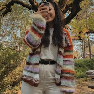 Hand-Knitted Striped Cardigan: Cotton Mohair Blend, Oversized Fit