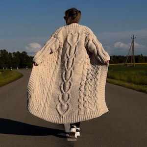 Handmade Chunky Knit Cardigan-Cream-Oversized Cozy long Sweater.