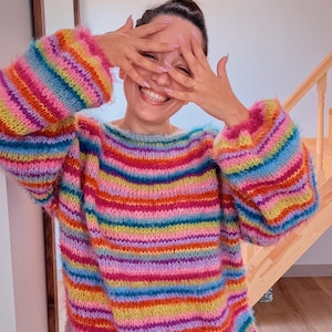 Hand-Knitted Cotton Mohair Striped Sweater: Colorful Oversized Unisex Fit