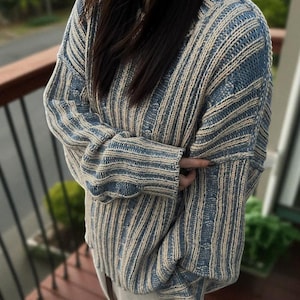 Oversized Knit Wool Sweater, Striped Chunky Pullover, Cozy Loose Fit Sweater, Fall Winter Outfit, Vintage Style Knitwear, Grandpa Style