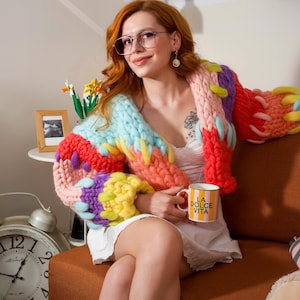 Pure Wool Hand-knitted Colorful Cardigan