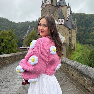 Handmade Crochet Daisy Cardigan, Balloon Sleeve Pink Knit Sweater