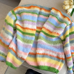 Hand-Knitted Cotton Mohair Cardigan: Colorful Striped Oversized Sweater