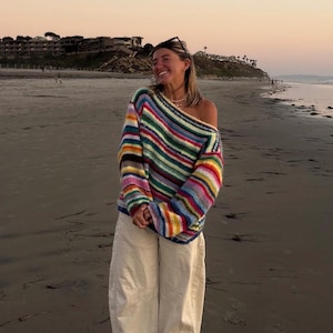 Hand-Knitted Colorful Striped Sweater: Oversized Cotton Mohair Blend