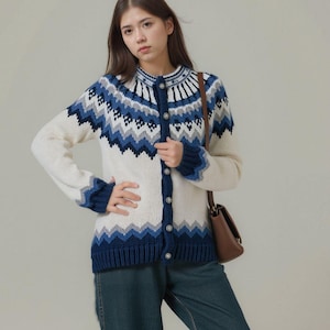 100% Wool Cardigan | Hand Knit Fair Isle Sweater | Blue & White Icelandic Knit