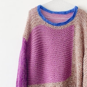 Hand-Knit Color Block Sweater – Wool and Silk Blend with Blue Mohair Trim